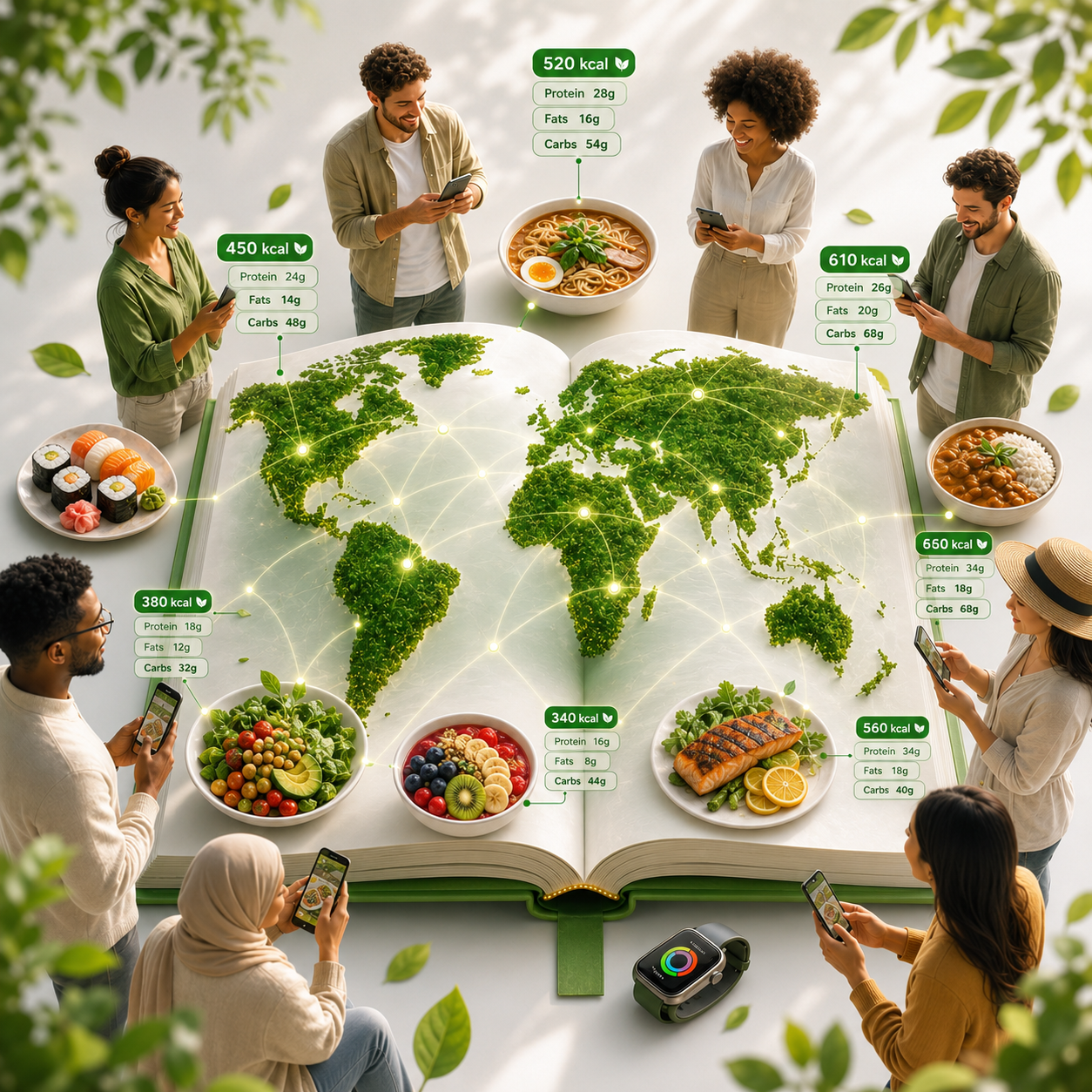 Food diary with people, meals, and nutrition signals